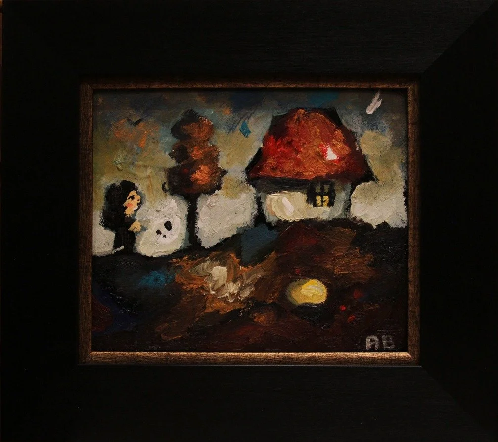 Oil painting of a house with a red roof, trees, a pathway, a person walking, and a snowman, signed with initials 'AB'.