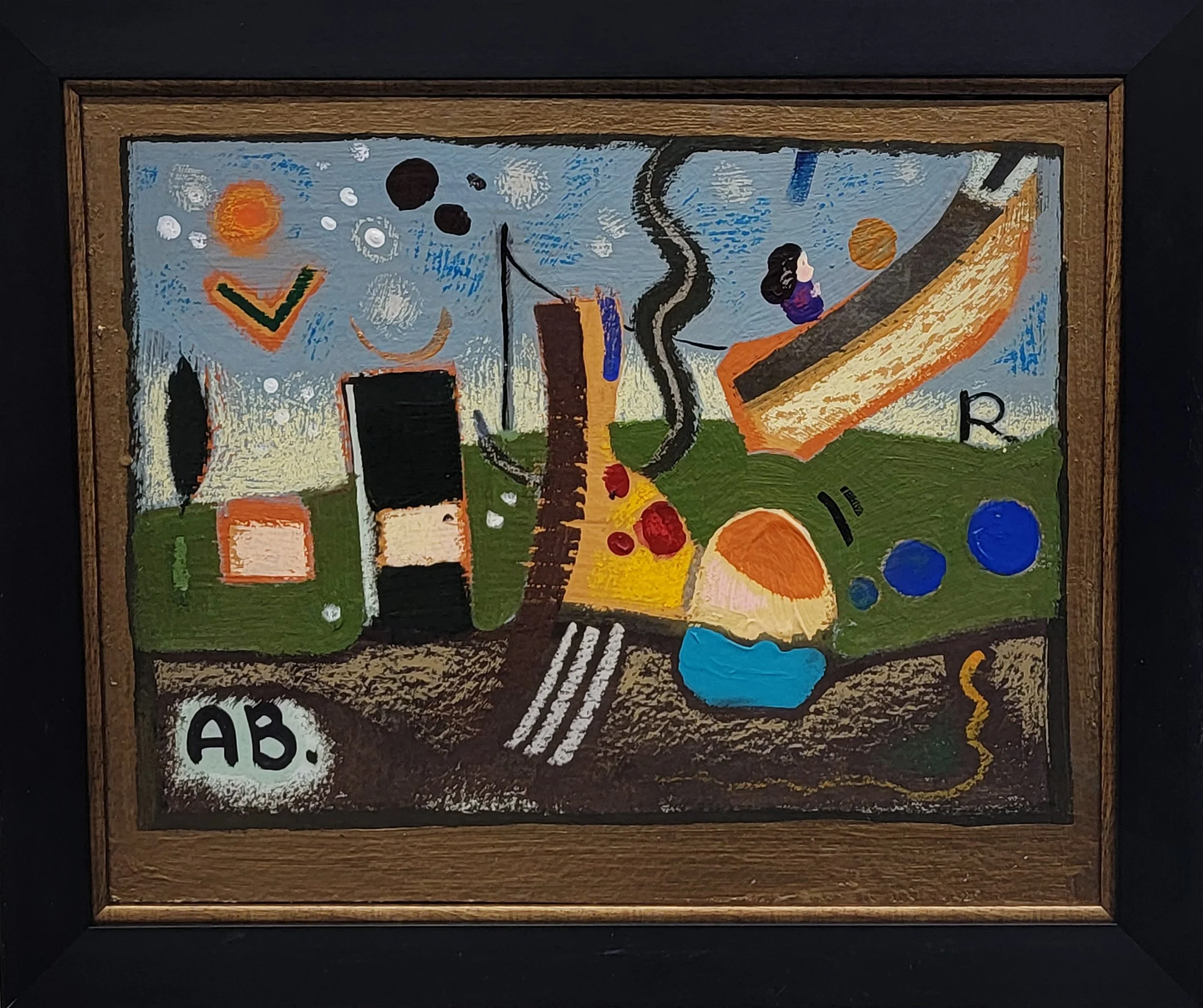 A colorful abstract painting in a wooden frame depicting various shapes, colors, and patterns on a landscape with a sky, trees, and hills.