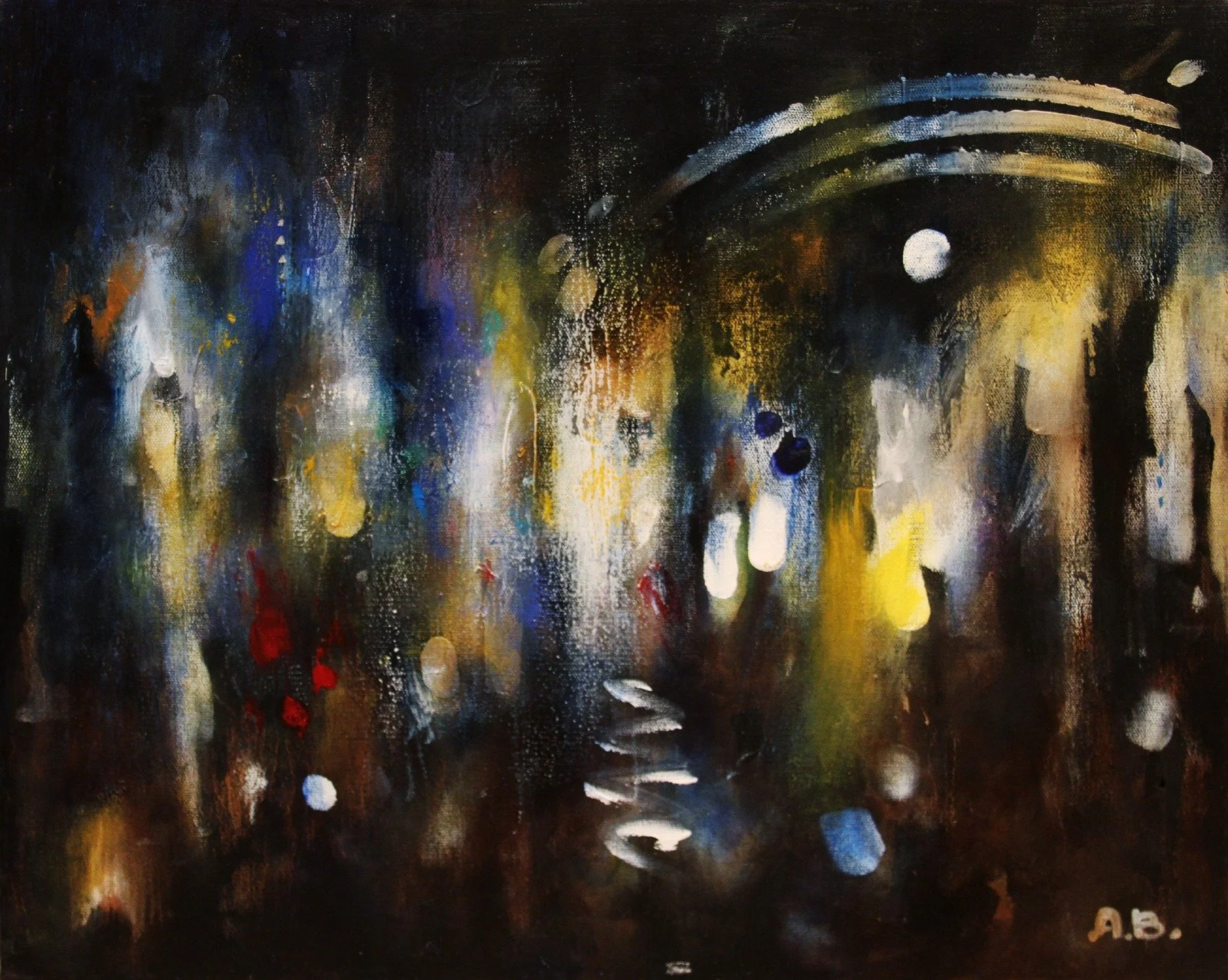 Abstract painting with dark background, splashes of white, yellow, blue, red, and black colors, and curved lines in the upper right corner.