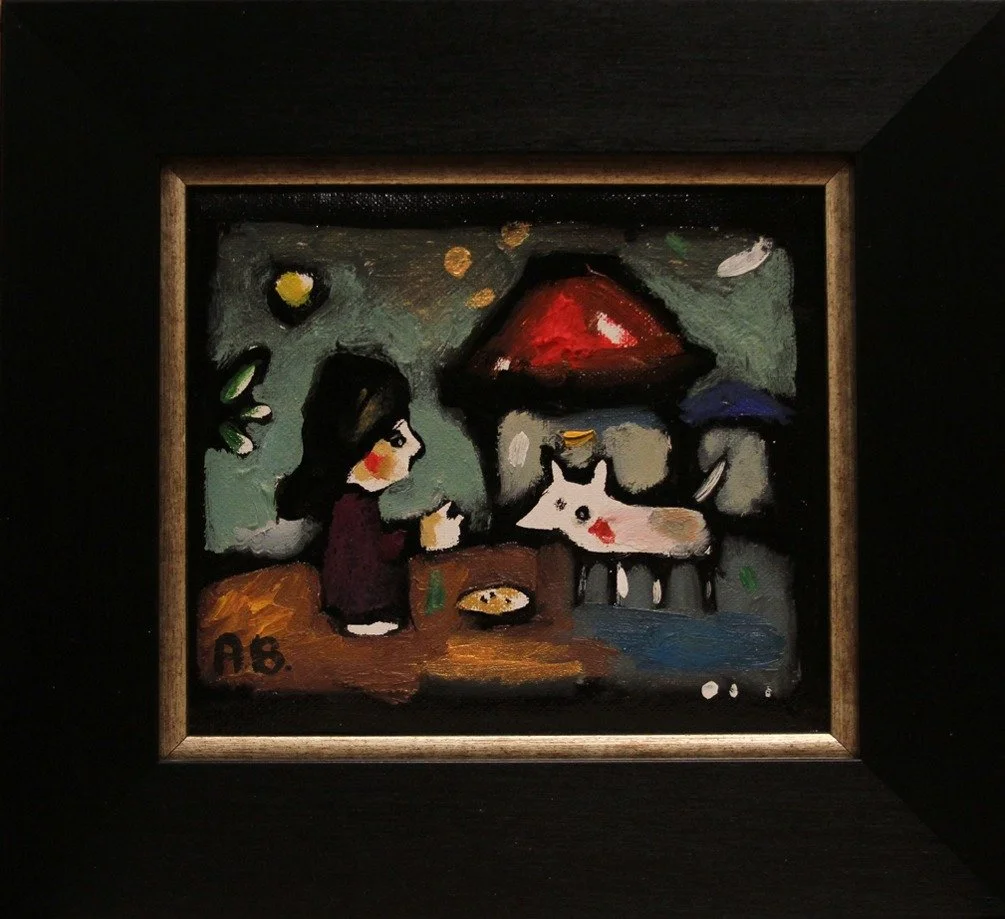 A colorful, impressionistic painting of a person with dark hair sitting at an outdoor table with a drink, a bowl of food, and a white dog with black markings, under a red umbrella with other umbrellas in the background, in a nighttime setting.