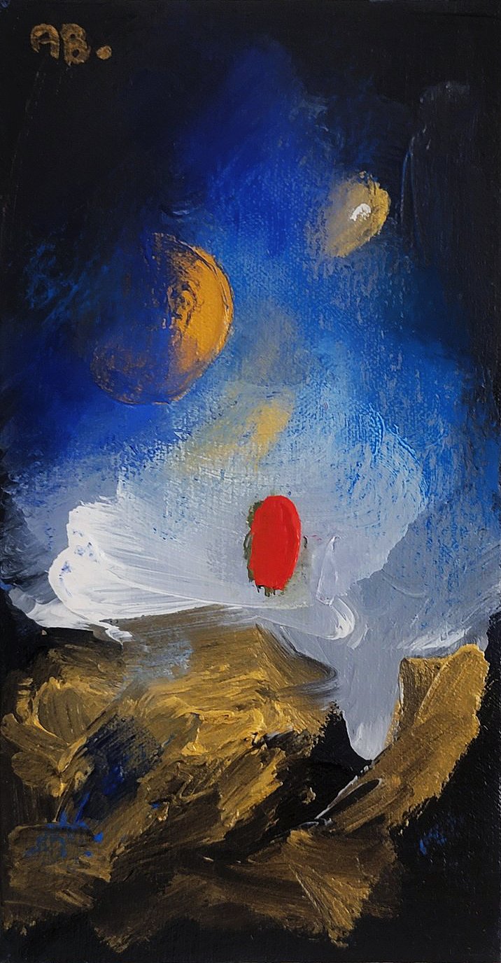Abstract painting featuring blue and yellow background with a red oval shape at the center. 