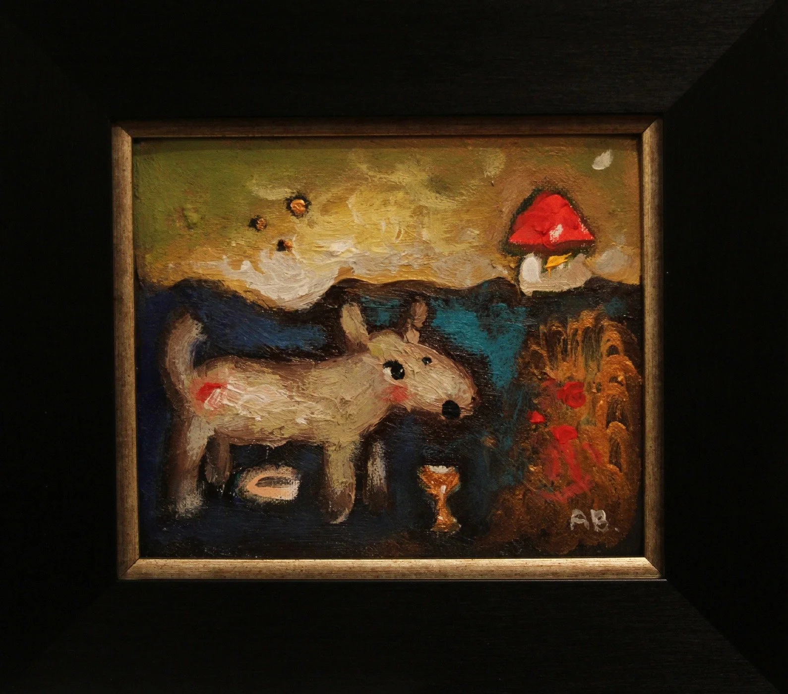 Small painting of a light-colored dog in a green and blue landscape, red mushroom and golden plants on the right side.