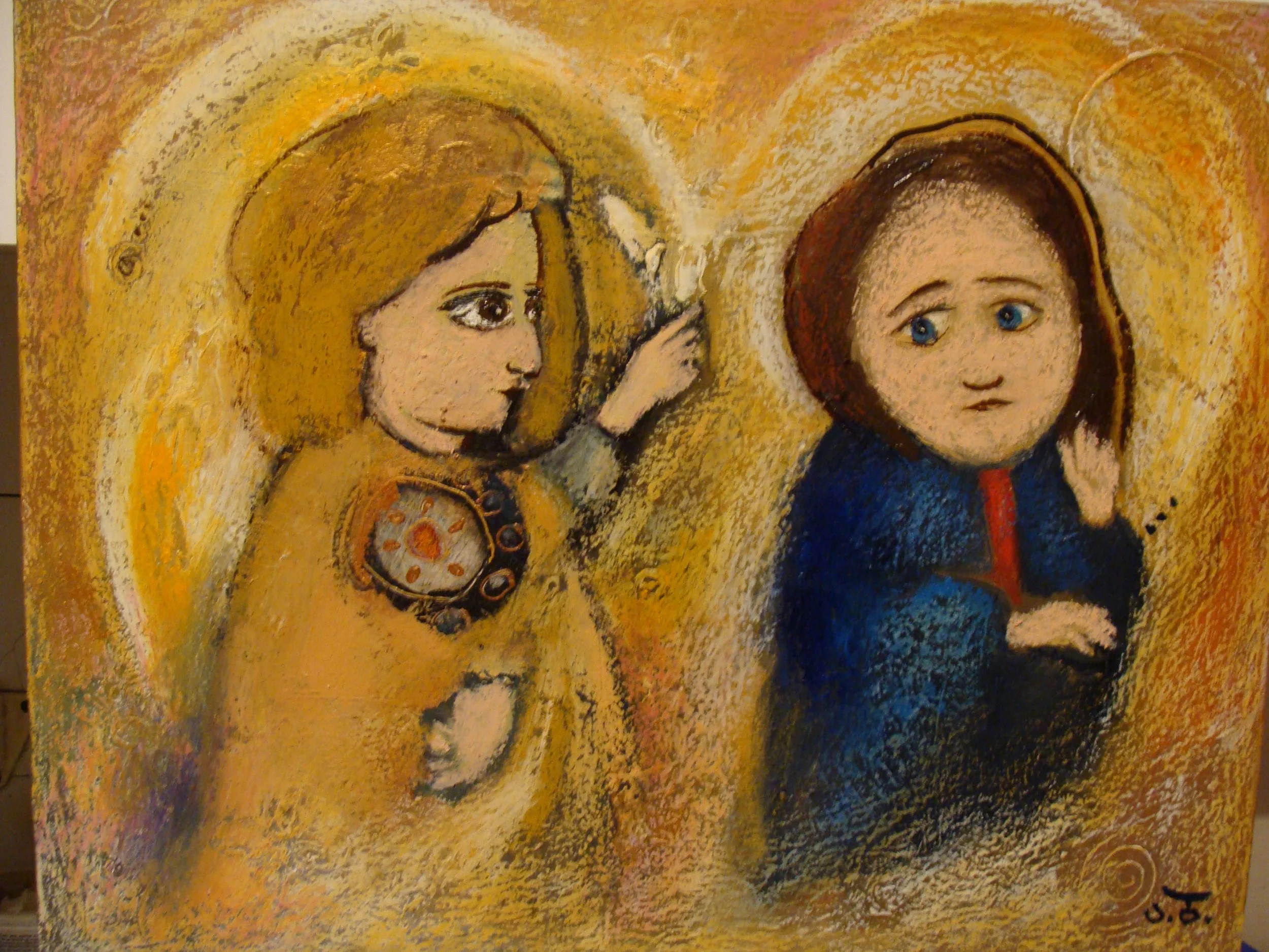 Painting of two women, one with blonde hair, wearing a yellow dress, and the other with brown hair, wearing a blue dress, both surrounded by halos, with the blonde woman appearing to be whispering to the other.