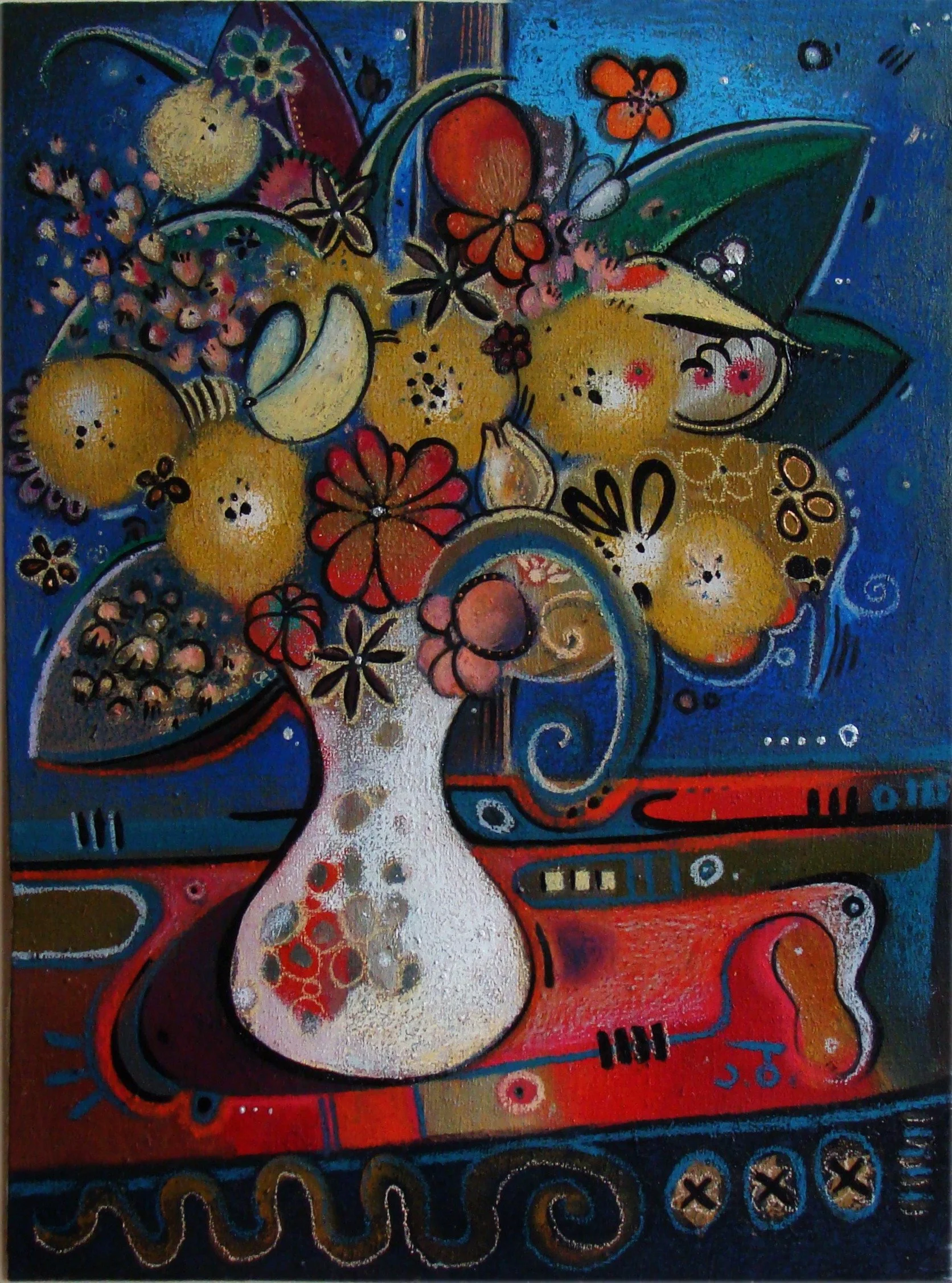 Abstract painting of a bouquet of flowers in a vase, with colorful butterflies and a bee, set on a vibrant background with swirling patterns.