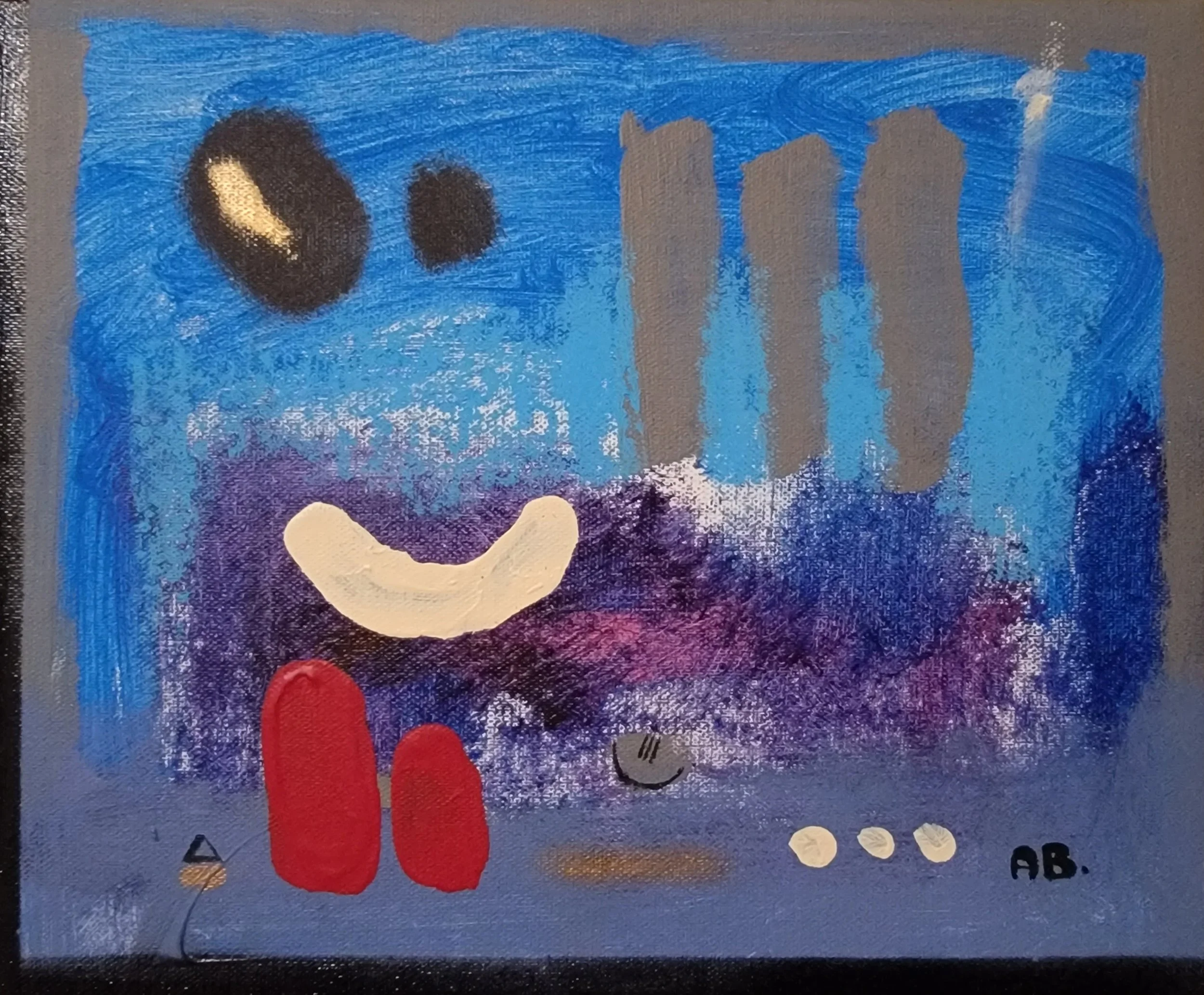 Abstract painting with blue, purple, black, white, red, gray, and beige colors, featuring shapes such as an arc, circles, rectangles, and small triangles, signed initials 'AB' in the bottom right corner.