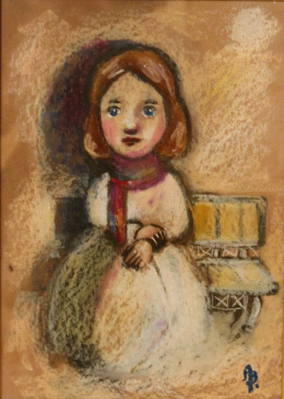 A drawing of a young girl with blue eyes and brown hair, wearing a white dress with long black gloves, sitting next to a yellow piano with an open lid. The background is a warm, textured beige.