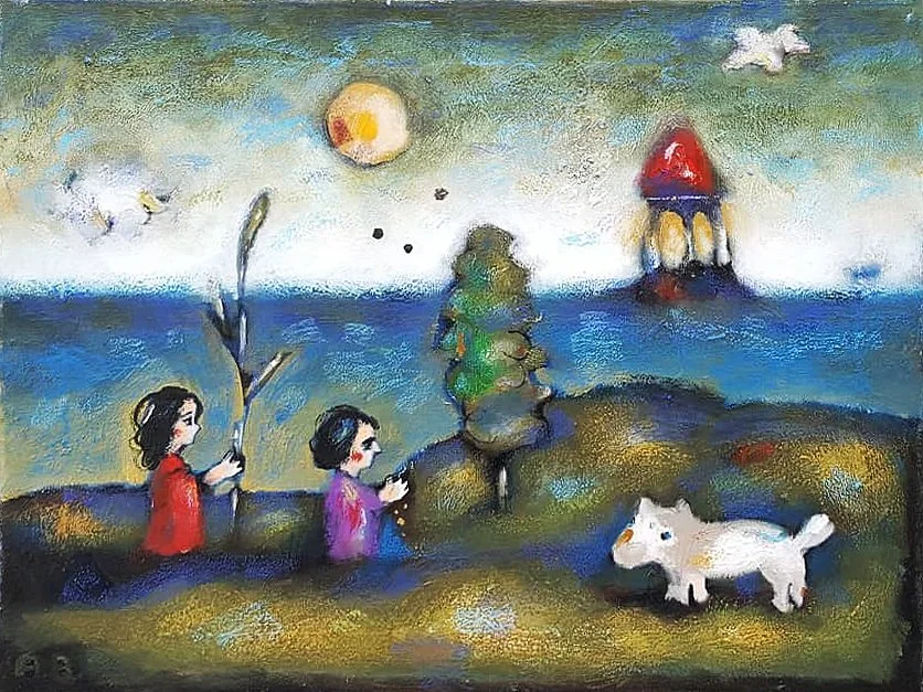 Children playing outdoors near the ocean with a dog, a tree, a lighthouse, and a colorful sky with clouds and a sun.