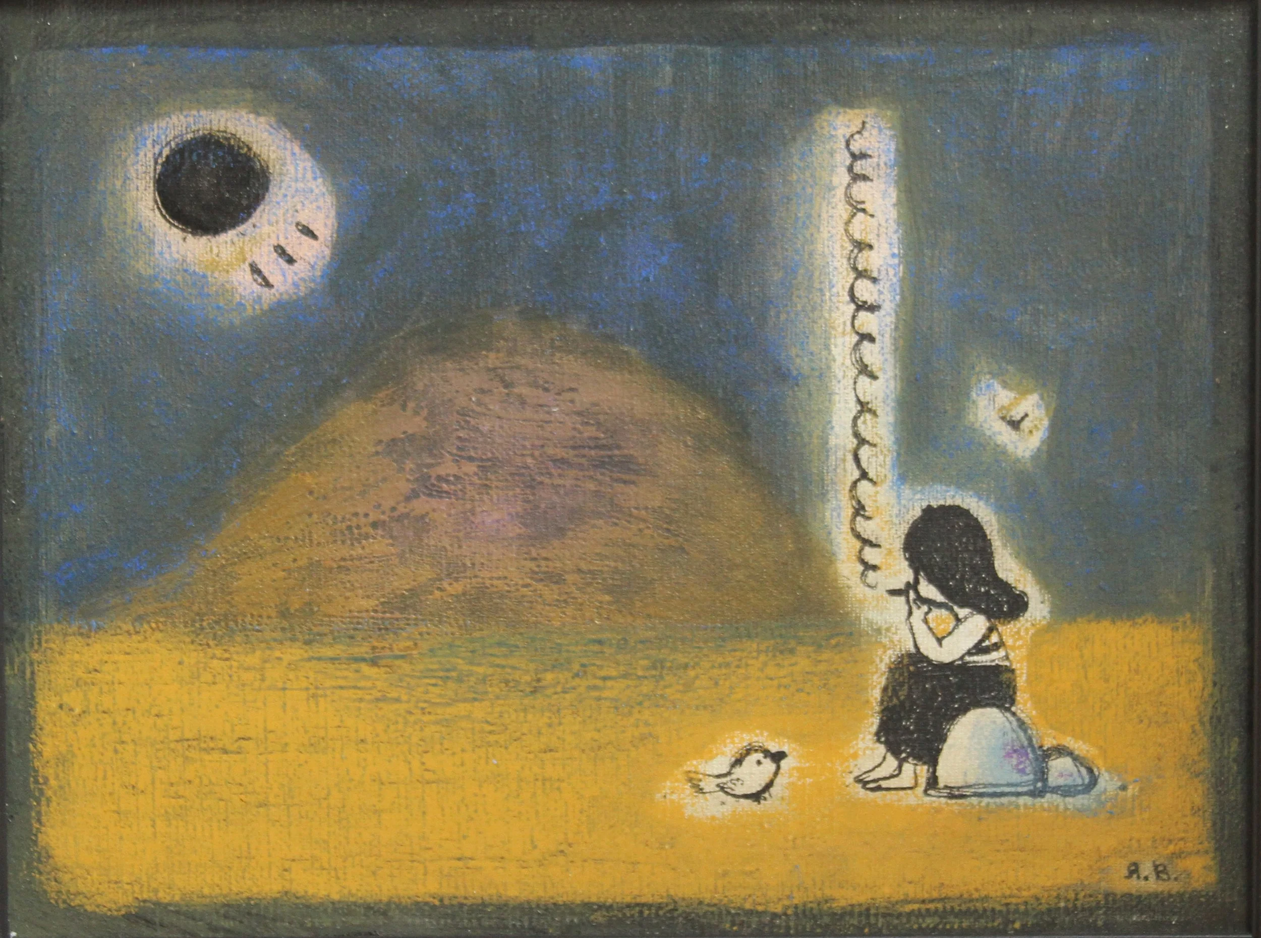 A girl sitting on the ground with a bird nearby, looking up at the night sky with a solar eclipse, a full moon, and a mountain in the background.