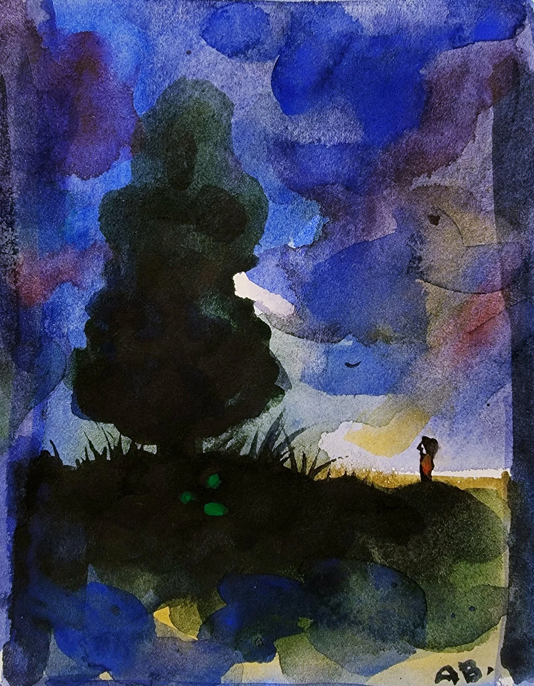 A watercolor painting of a person standing on a grassy hill at sunset, with a large dark tree in the foreground and a colorful sky filled with blue, purple, pink, and yellow hues.