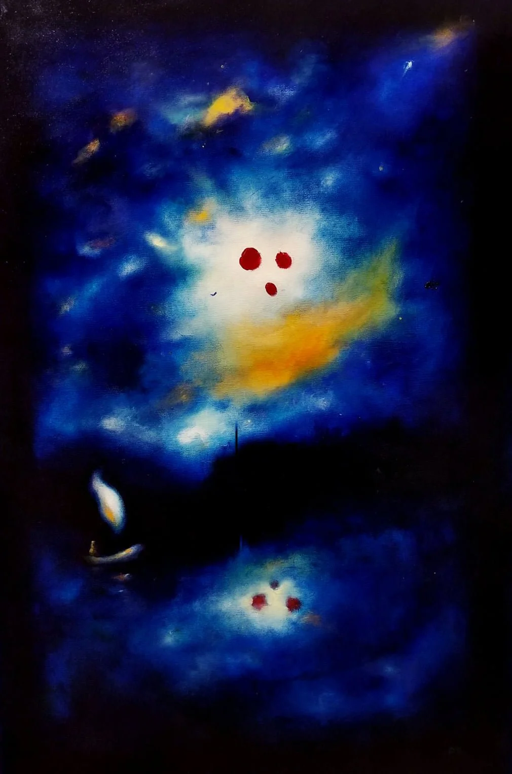 An abstract painting of a cosmic scene with a bright white and yellow light in the center, surrounded by blue and black space, with red dots and a reflection below.