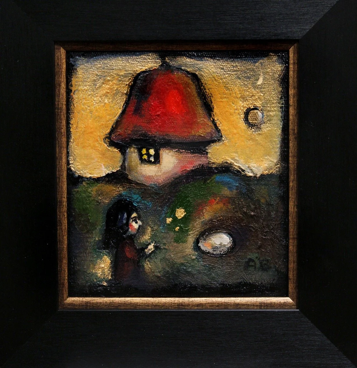 Small painting featuring a girl standing near a red-roof house at dusk, with a moon and glowing window.