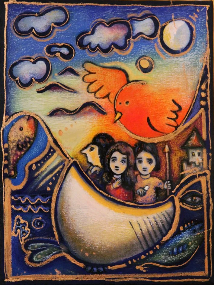 Colorful painting of a whale with three children sitting inside its body, a large bird flying above, mountains, a river, a house, clouds, and a crescent moon in the sky.