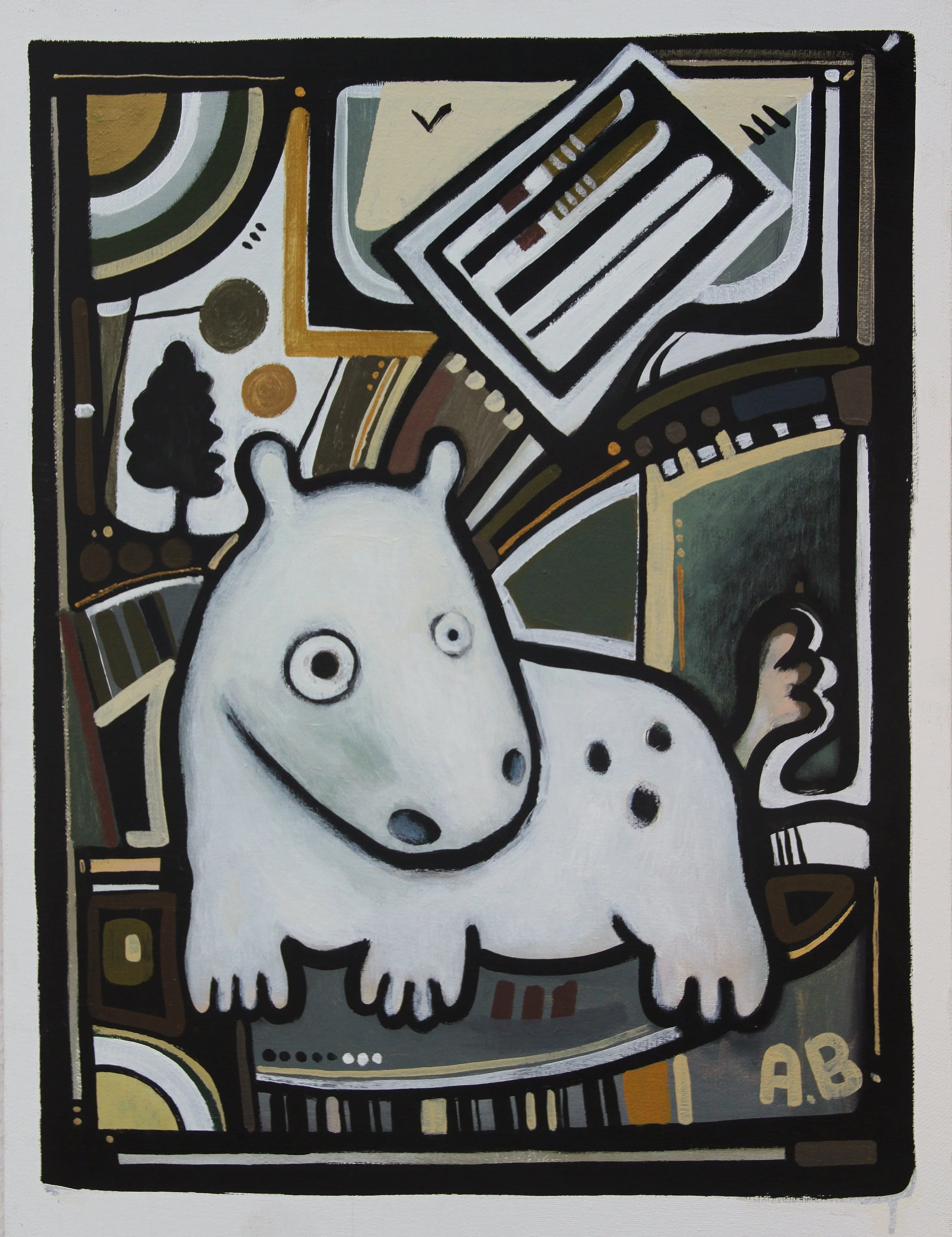 A white, cartoonish dog with spot marks, wide eyes, and an open mouth, set against an abstract, colorful background with geometric shapes and patterns.