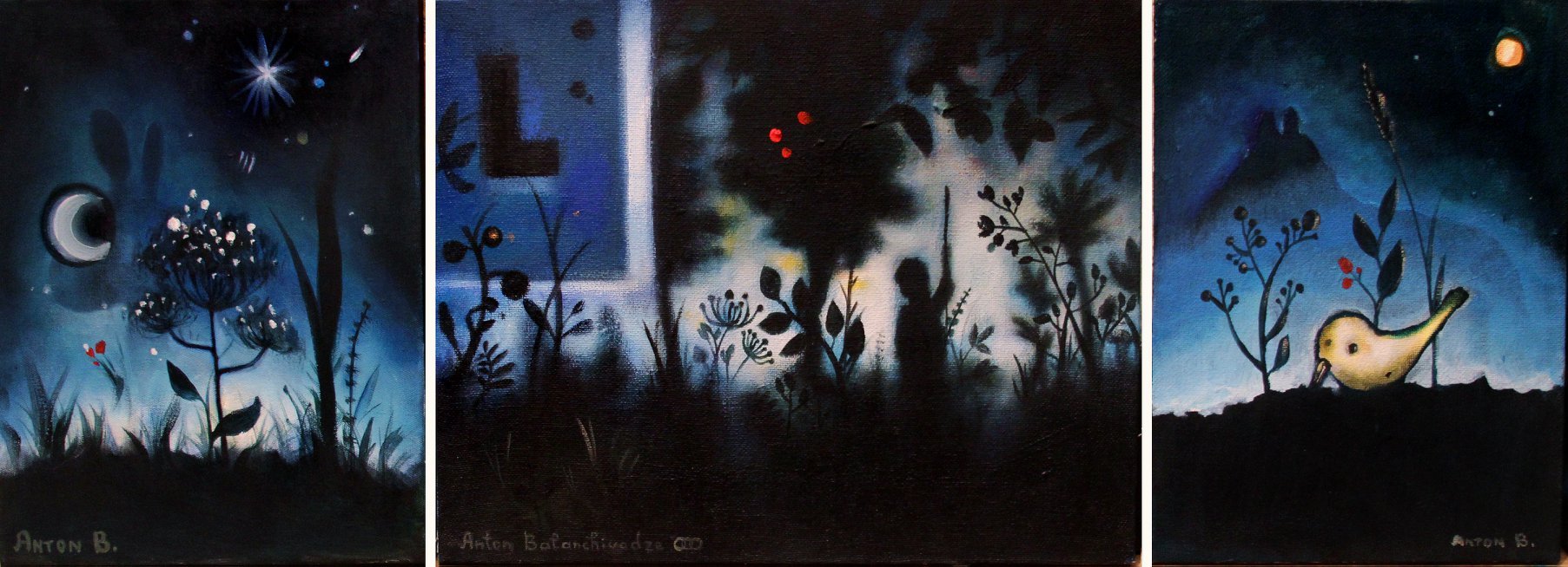 Three abstract landscape paintings with dark backgrounds and silhouettes of plants, animals, and mysterious figures, featuring night sky elements like stars, moon, and a small bird.