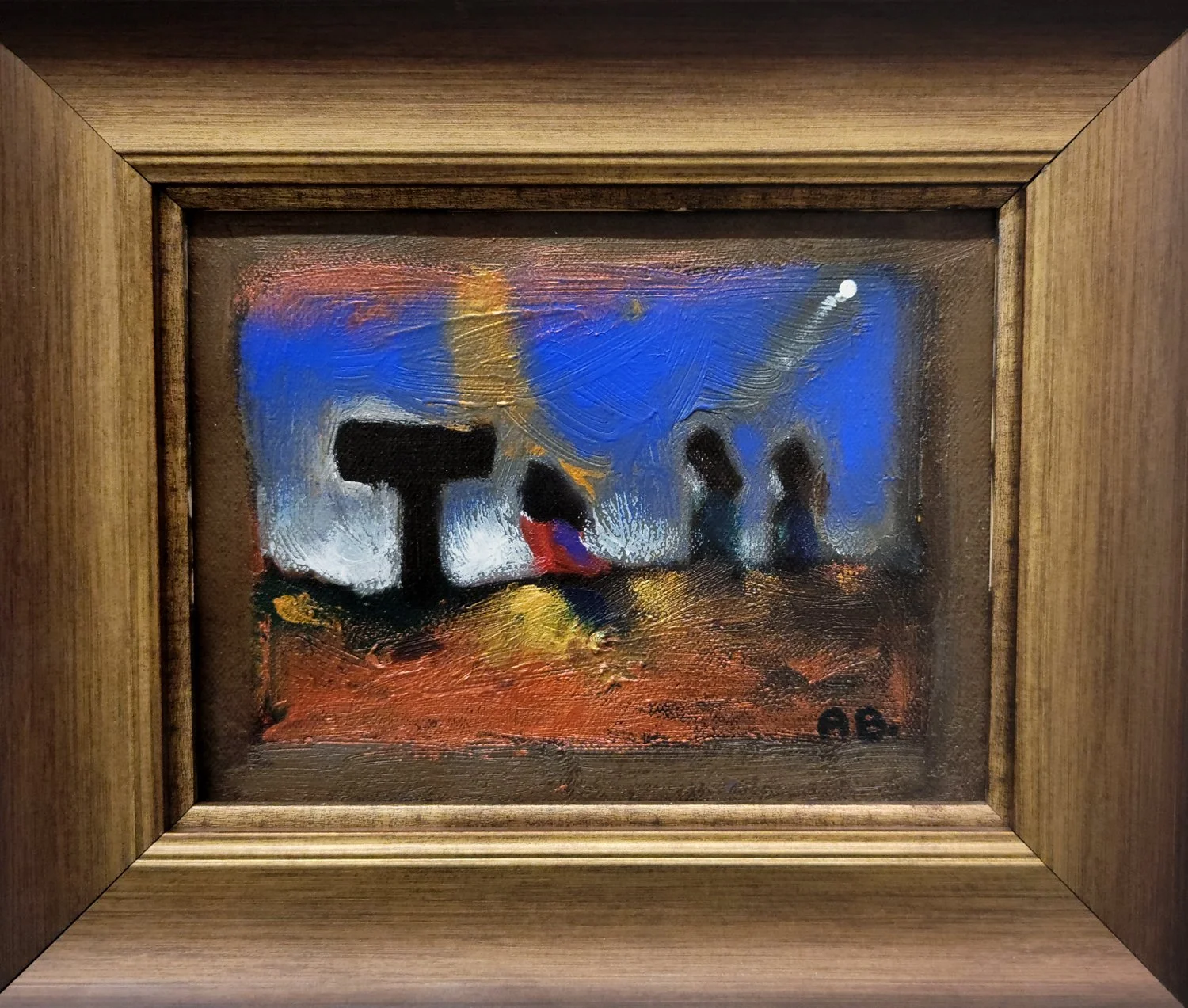 Abstract landscape painting with a blue sky, black trees, and a brown ground, framed in wood.