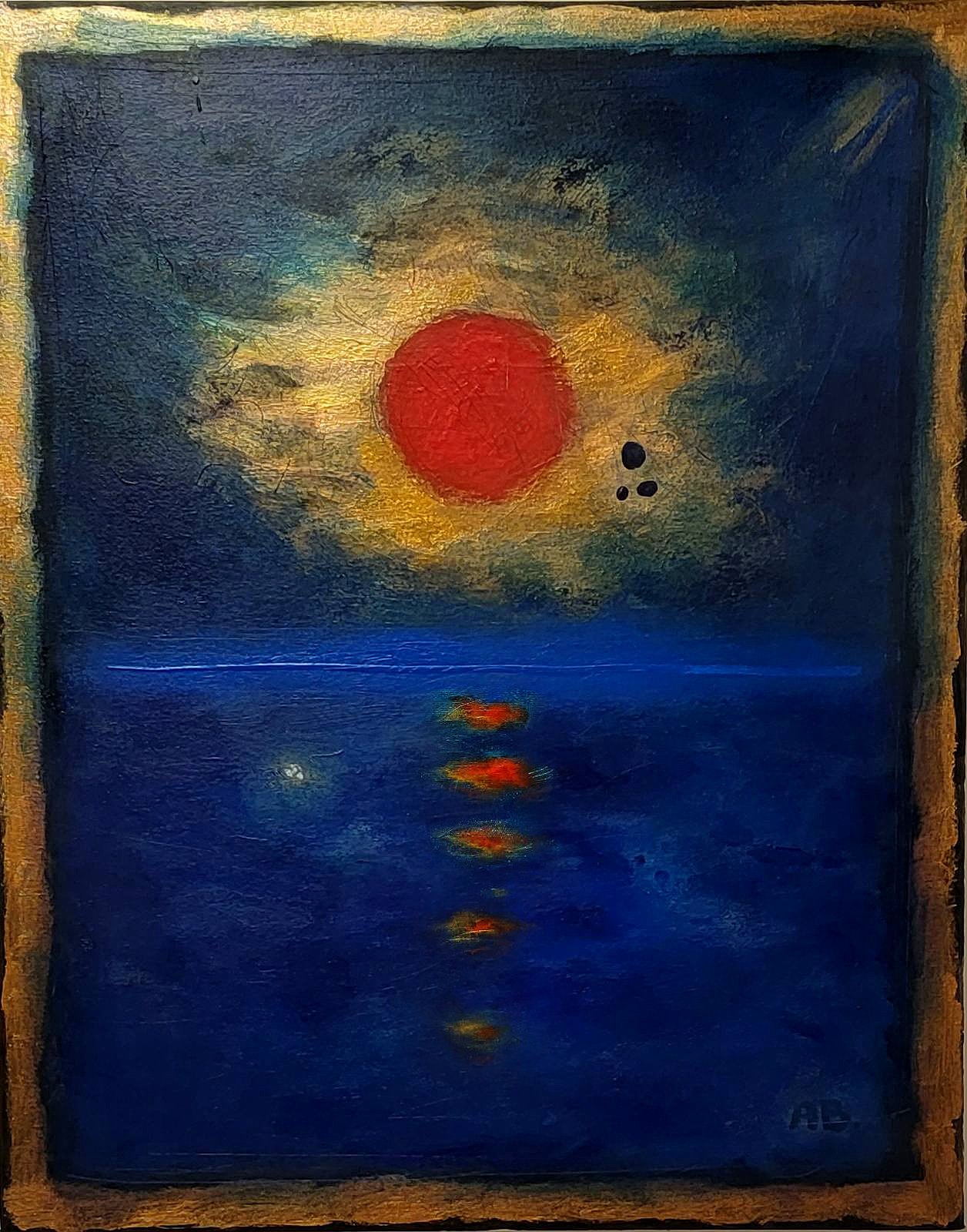 An abstract painting of a large red sun over a dark blue body of water with reflections, surrounded by dark clouds and cosmic elements.