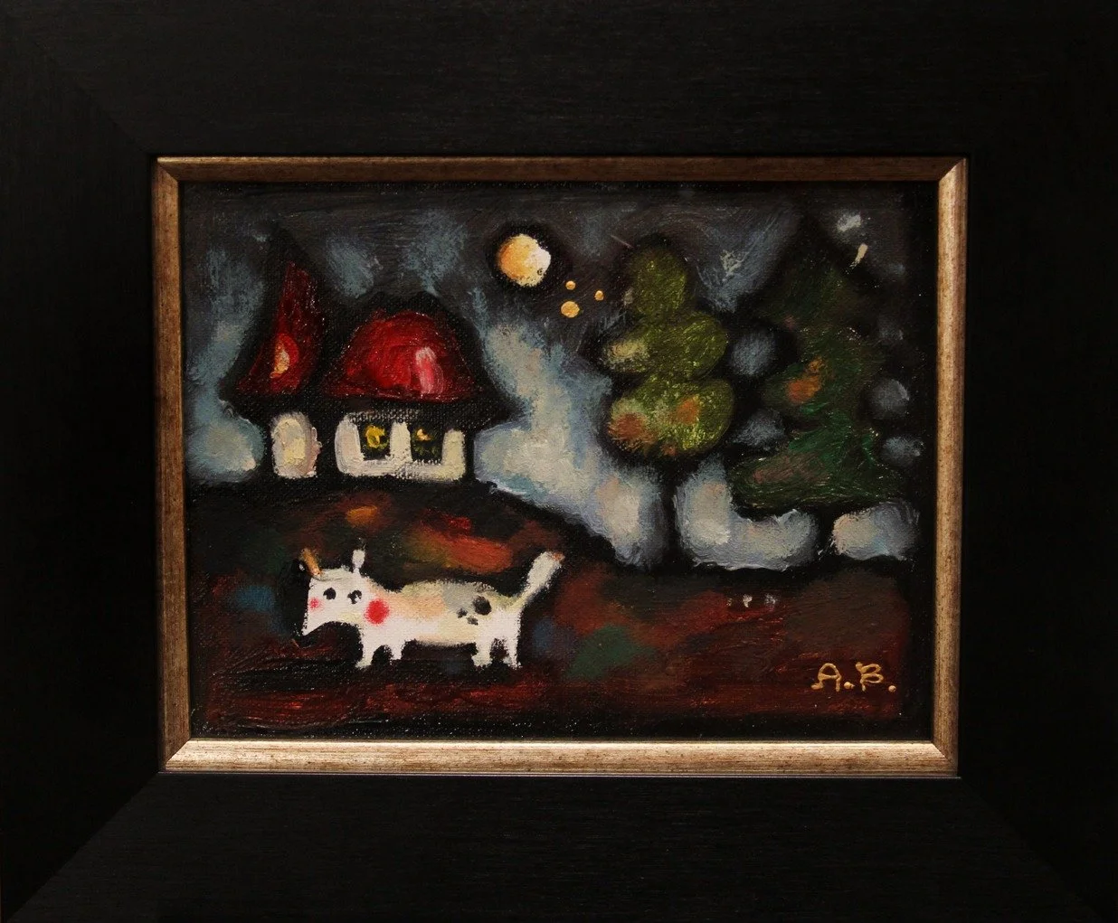 A small painting of a whimsical house with a red roof, surrounded by trees, and a white dog with black spots in front, set against a dark background.