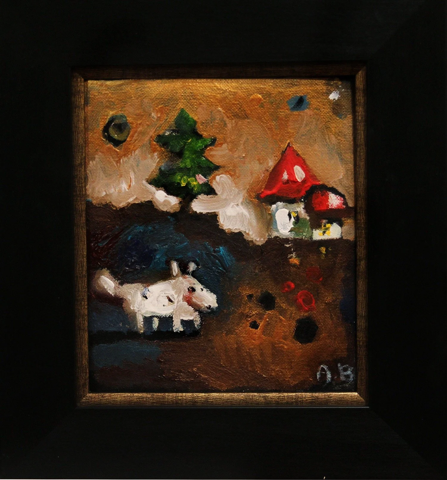 A framed abstract painting featuring a Christmas tree, a house with a red roof, two pigs, and colorful spots on a dark background.