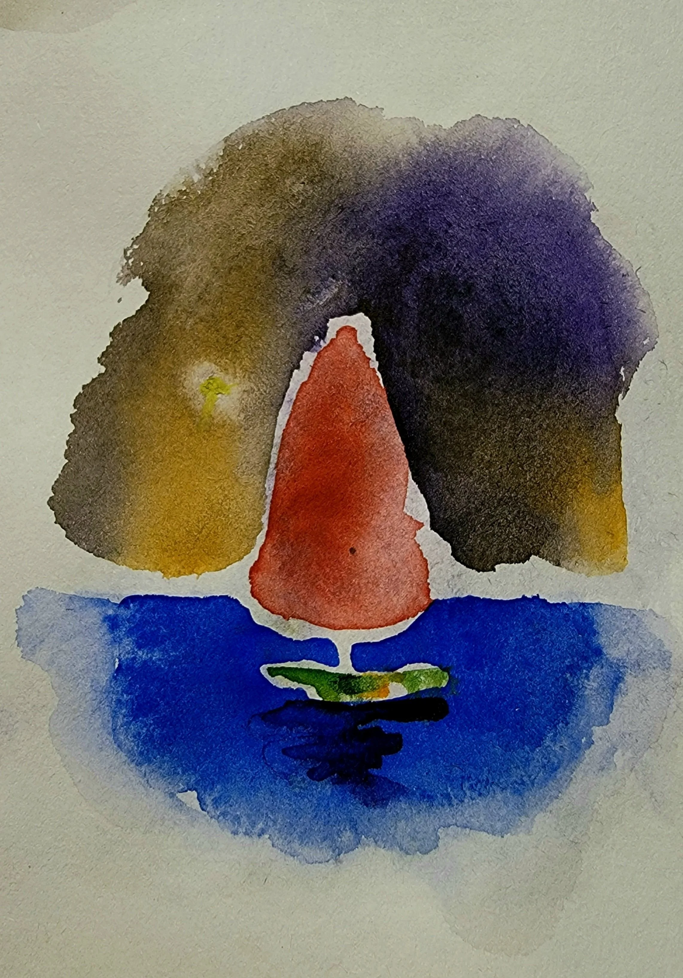 Watercolor painting of a person's head, with a large red nose, surrounded by abstract colors including black, yellow, purple, green, and blue.