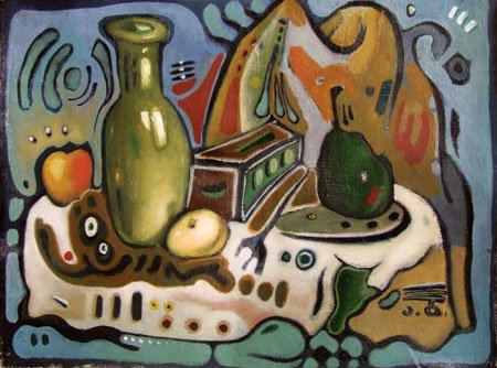 A still life painting featuring a green vase, an apple, a pear, a small green box, a lion's head sculpture, and a white cloth with abstract shapes and lines in various colors.