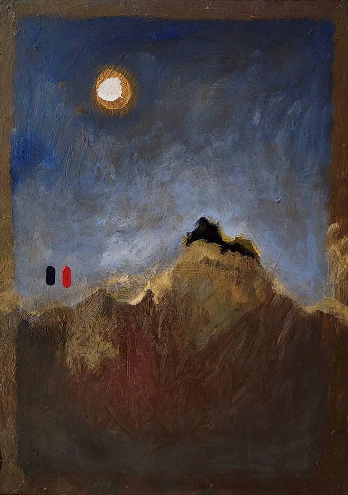 A painting of a mountain under a night sky with a bright moon and two small colored light sources.
