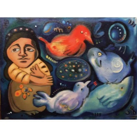 A painting of a young girl with dark hair and a contemplative expression, surrounded by colorful birds and abstract planetary shapes in a cosmic background.