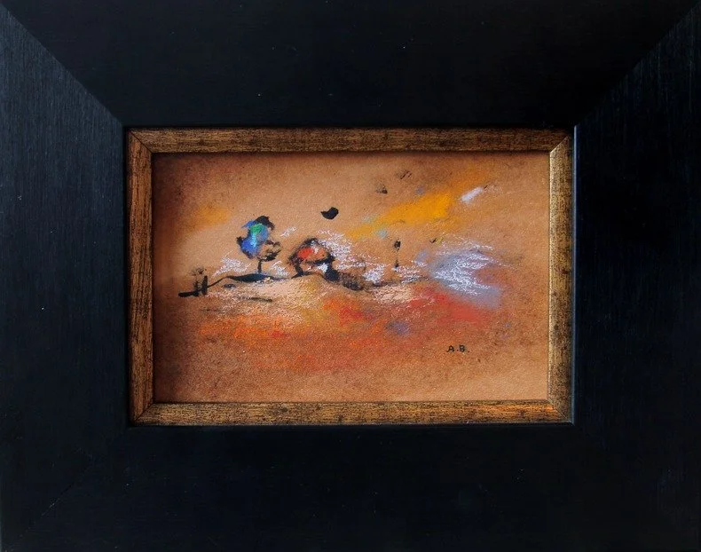 Miniature landscape painting with trees, mountains, and sky in warm tones, framed in black with a natural wood inner border.