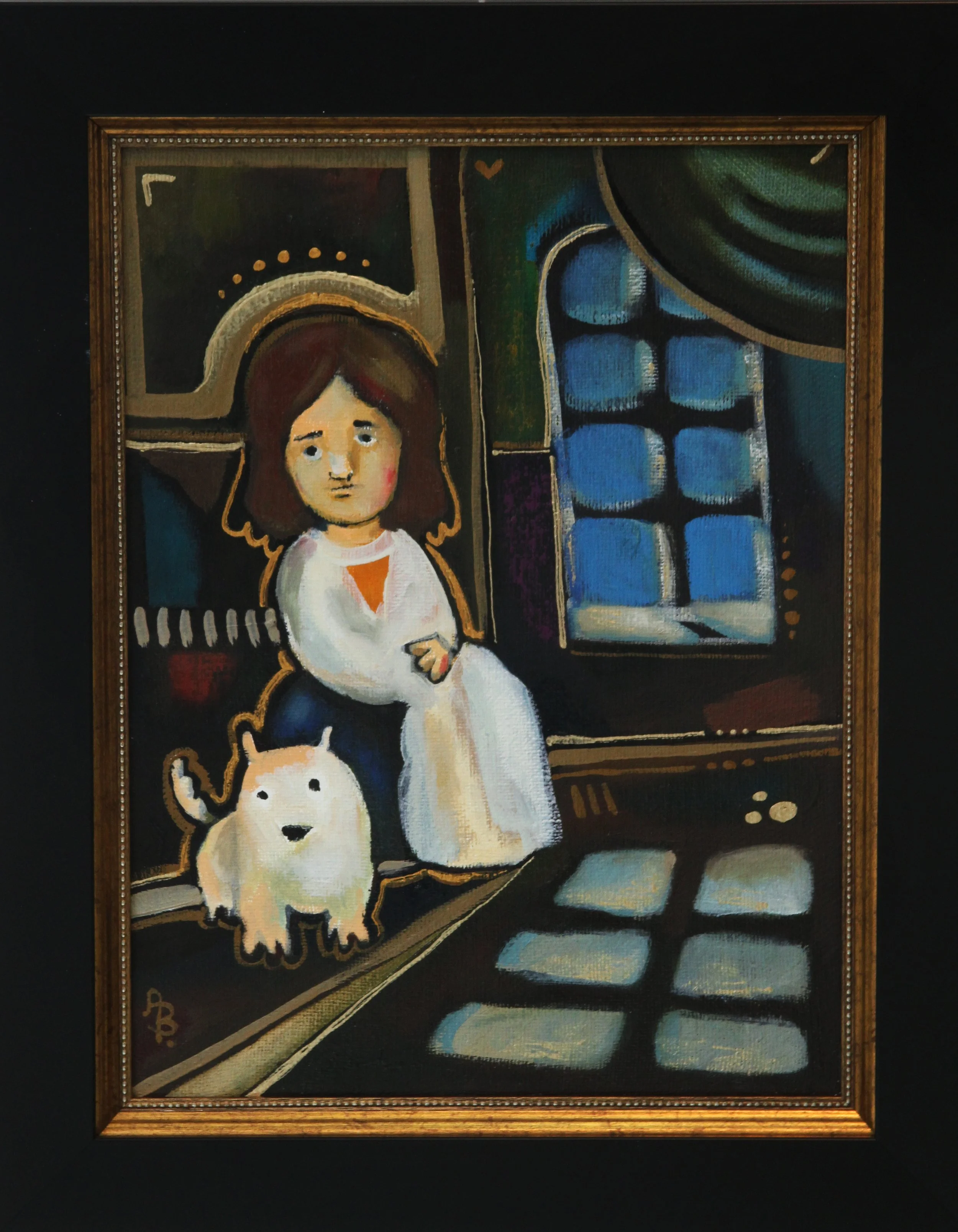 A painting of a girl with brown hair sitting inside a house, with a white dog next to her, and a window with blue windowpanes in the background.