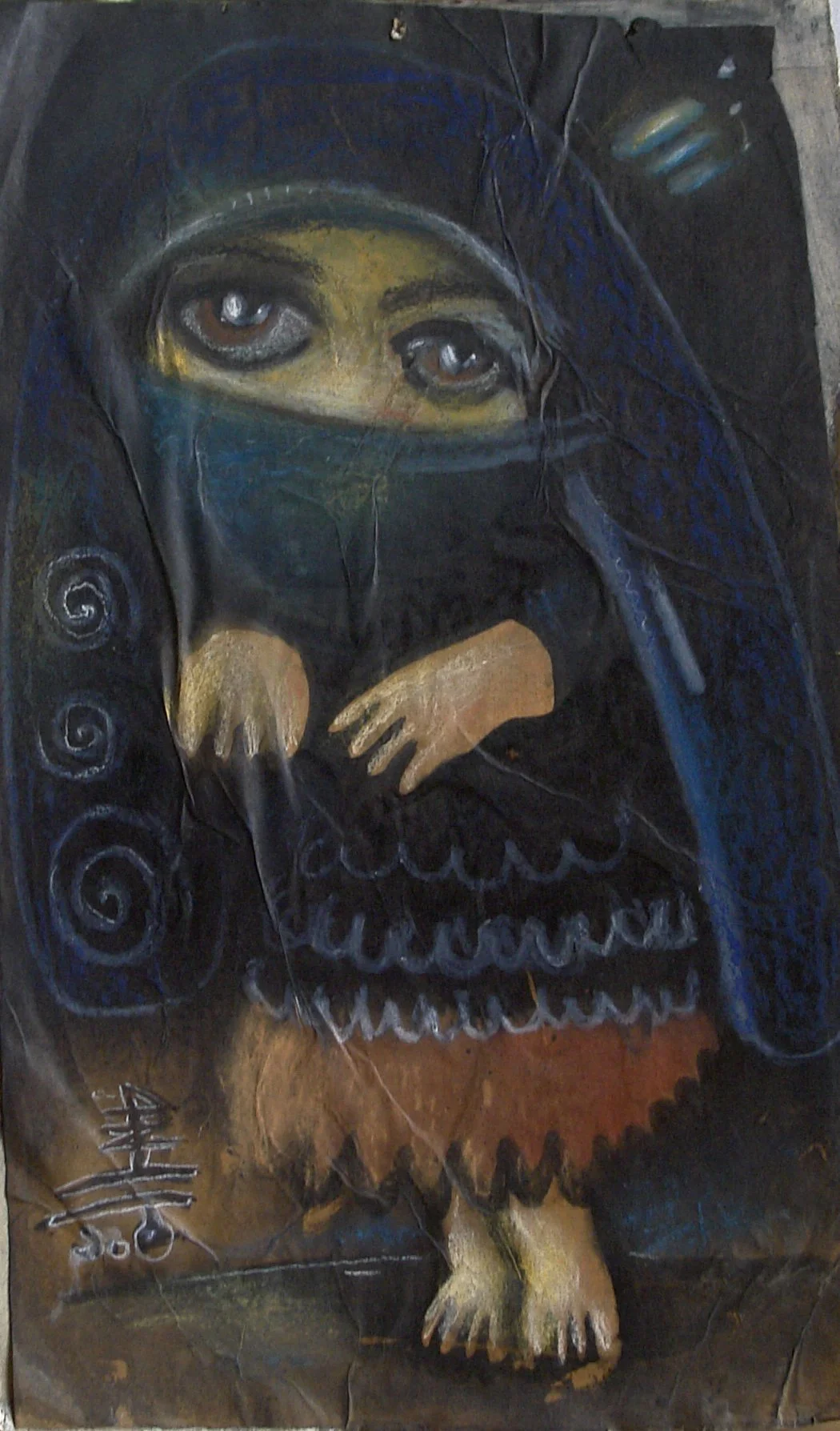A chalk drawing of a person with large, expressive eyes, wearing a dark headscarf and covering part of their face with a mask, with hands holding a small object, set against a dark background.