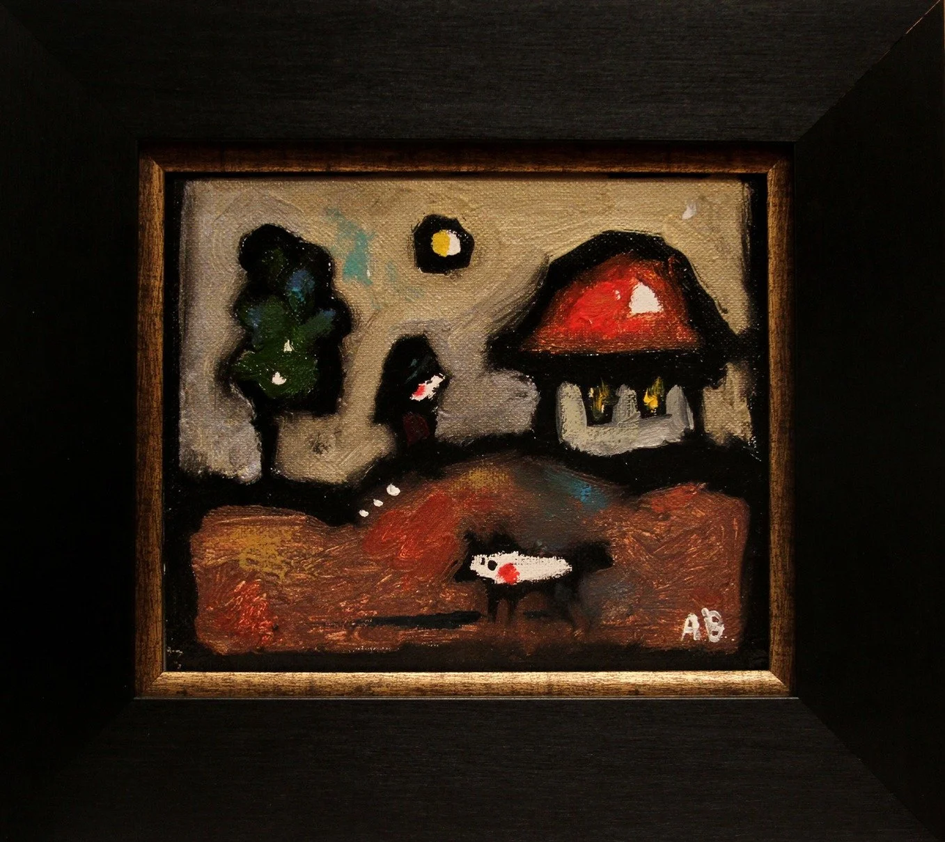 Abstract painting of a landscape with a red-roofed house, a tree, and a figure with a dog, signed 'A B' in the bottom right corner.