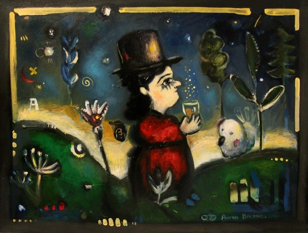 A surreal painting of a young person with large eyes, wearing a red coat and a black top hat, holding a glass of drink. The background contains whimsical elements like floating leaves, flowers, a small dog, and abstract shapes, all in dark and vibran