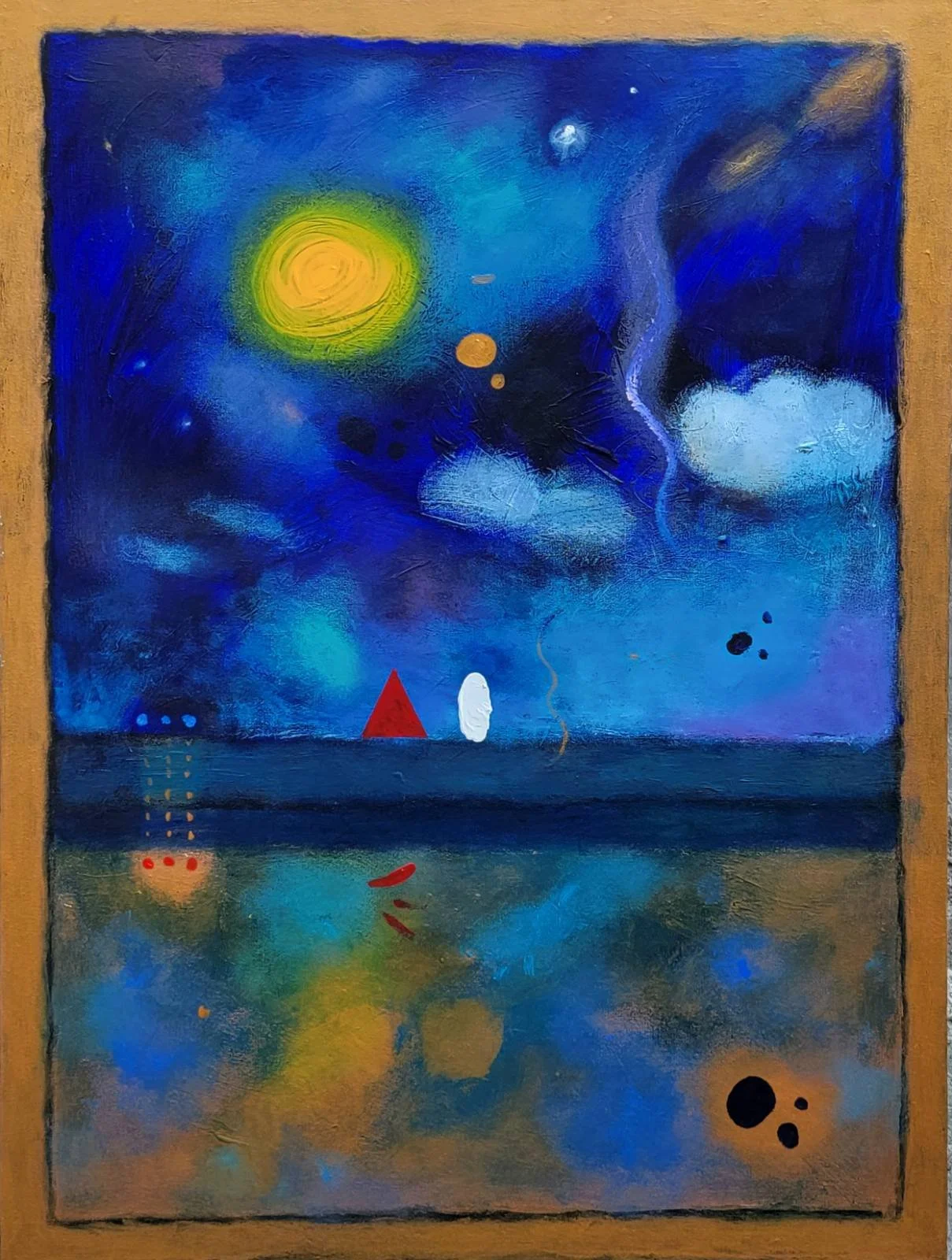 Abstract painting depicting a night sky with swirling blue clouds, a bright yellow-green sun, and celestial bodies, with reflections on water and simple geometric shapes on the horizon.
