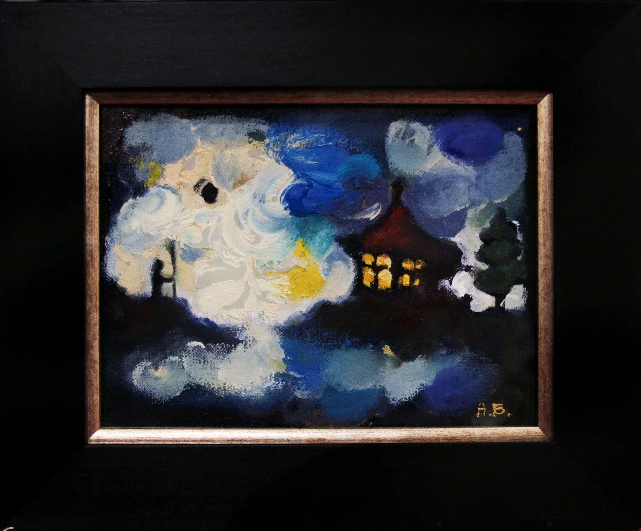 Colorful painting of a night scene with a house, trees, and smoke in the sky, signed 'A. B.' in the bottom right corner.
