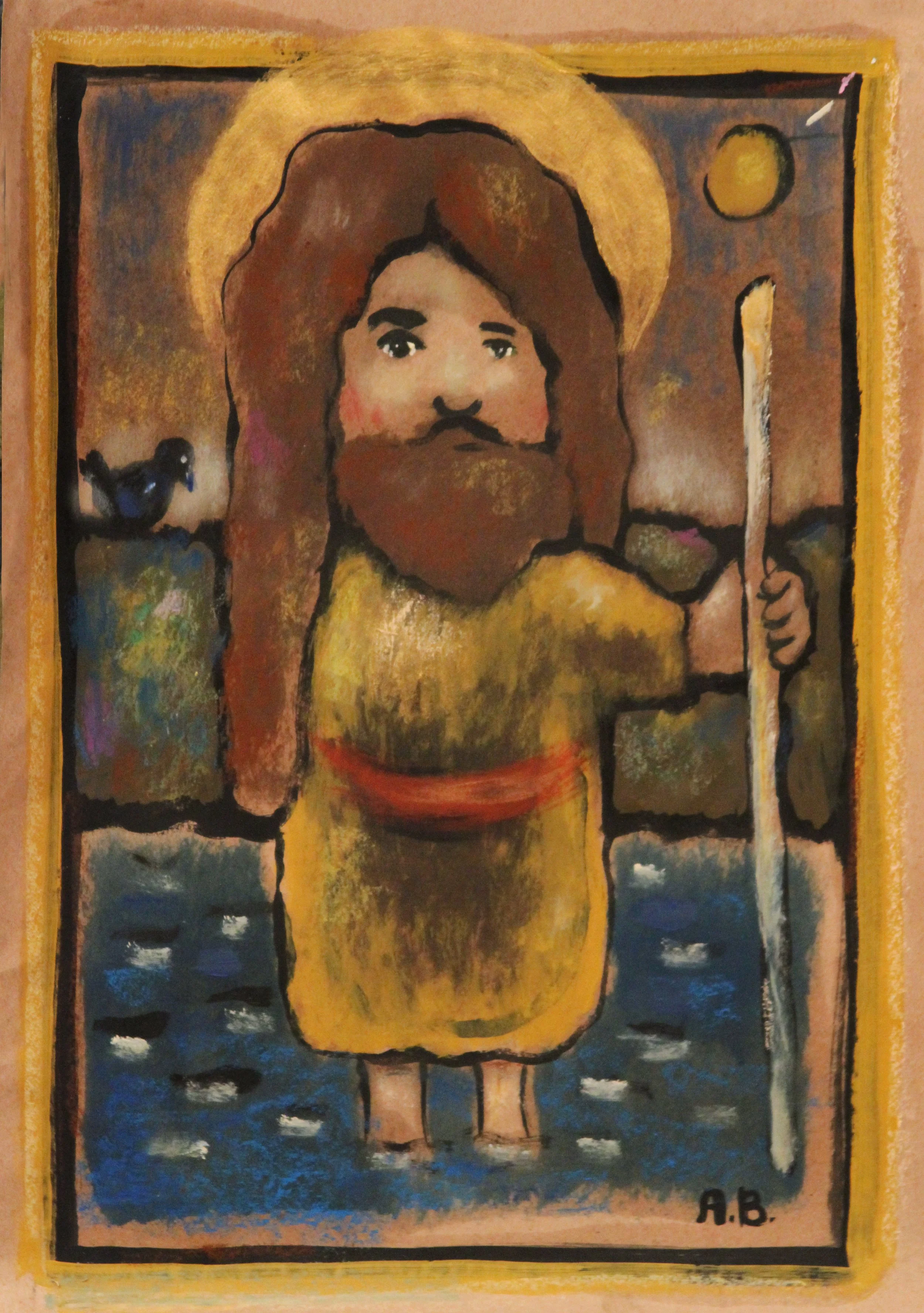 A colorful painting of a biblical figure with long hair and a beard, dressed in yellow, holding a staff, with a bird on a branch in the background and a sun and landscape behind.