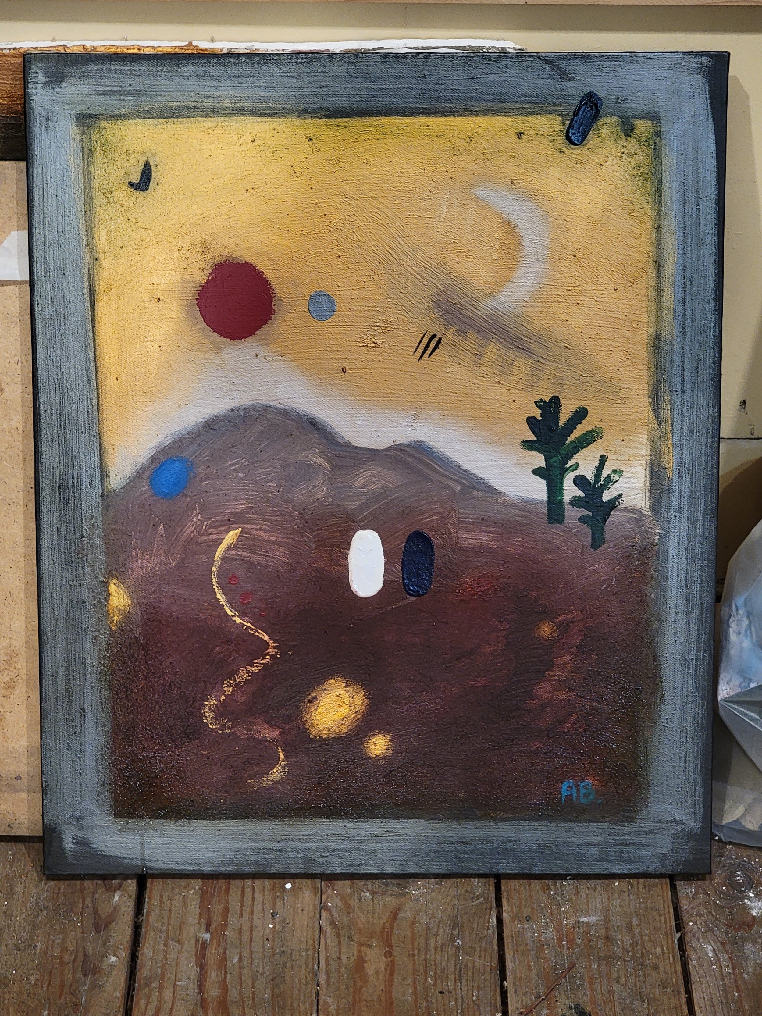 An abstract painting of a landscape with a winding path, hills, and sparse trees, featuring a moon and colorful celestial bodies in a yellow sky with a gray border.