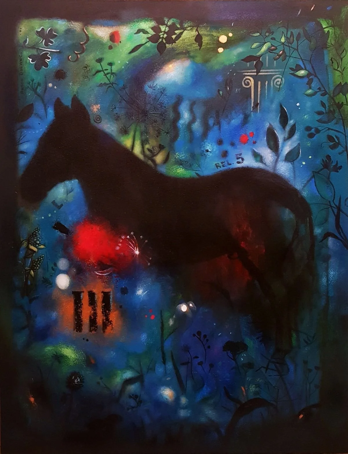 A painting of a horse silhouette against a colorful abstract background with floral and nature elements.
