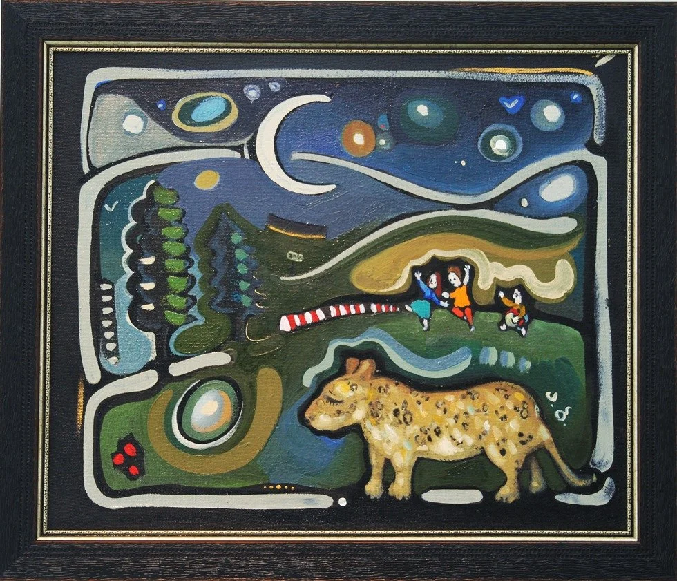 An abstract painting depicting a nighttime scene with a dark sky, moon, and stars, overlooking a landscape with trees, a river, and three children playing near a yellow spotted animal, possibly a cheetah or leopard.