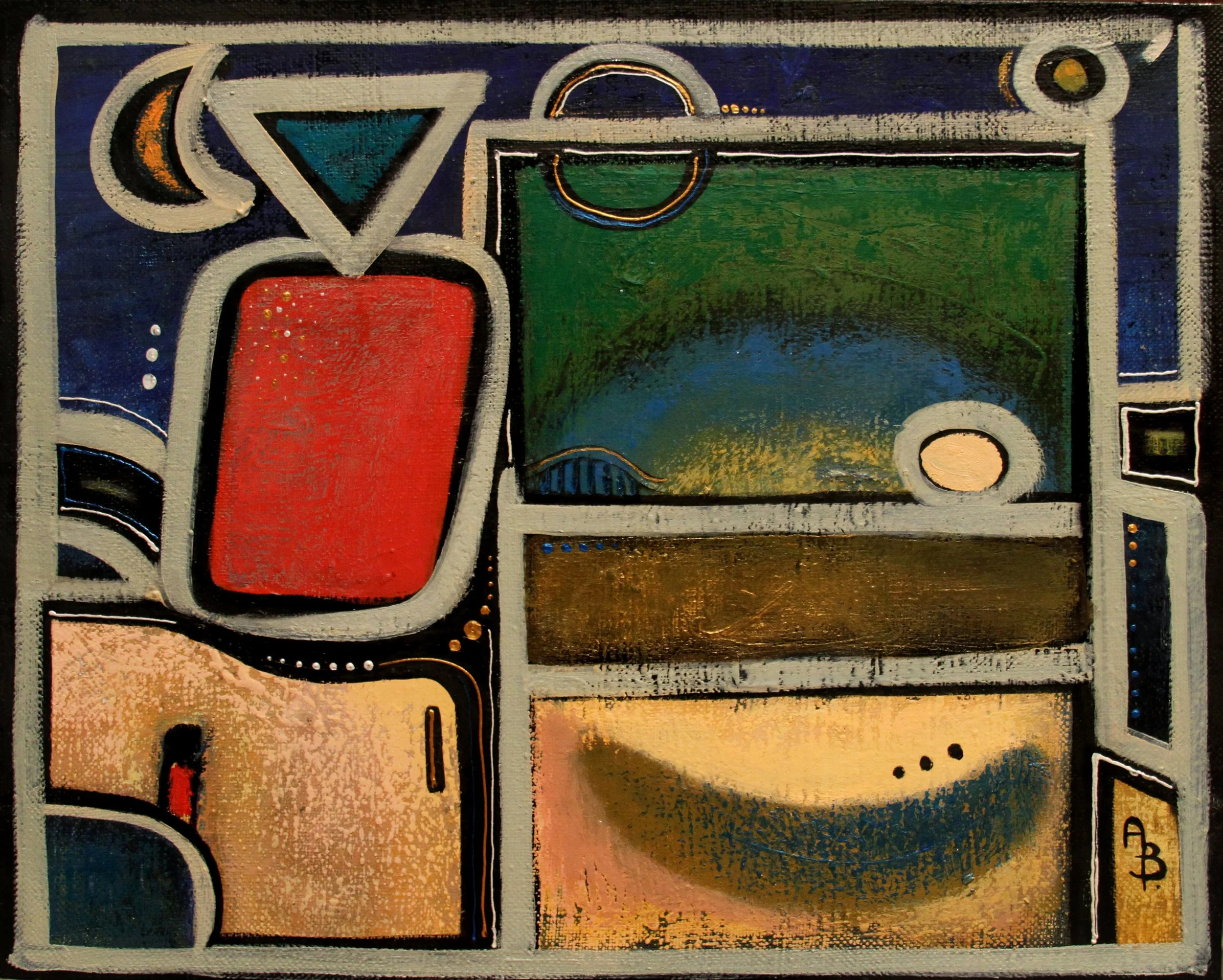Abstract painting featuring geometric shapes and bold colors, including a red rectangle, green and blue sections, and various black and white outlines.