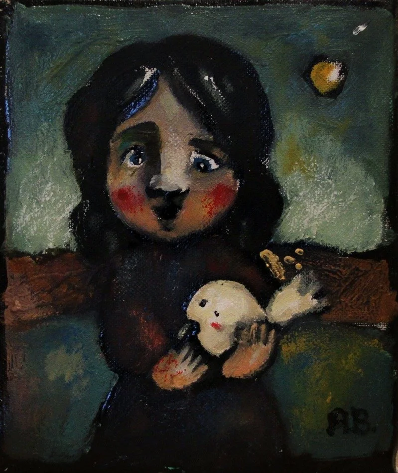 A painting of a girl with dark hair and big eyes holding a white stuffed animal. The background is green with some abstract shapes.