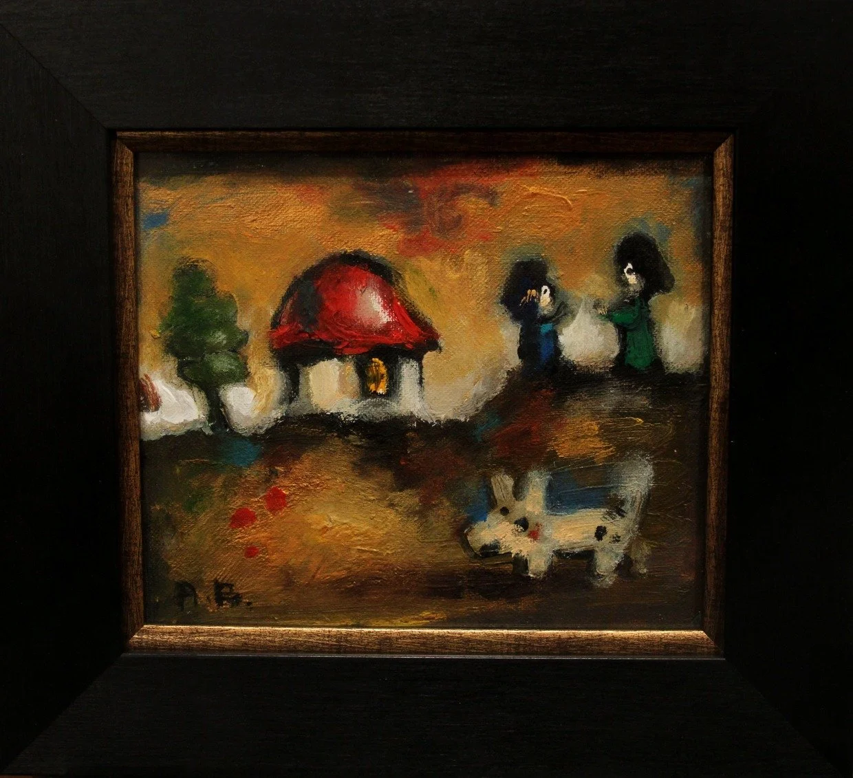 Abstract painting depicting a house with a red roof, two trees, two figures, and a dog on a colorful, textured background.