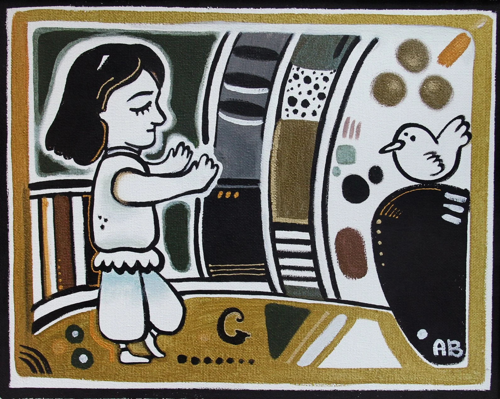 A child with black hair and a white outfit, standing by a round table with a white bird and various food items, in a stylized, colorful drawing.