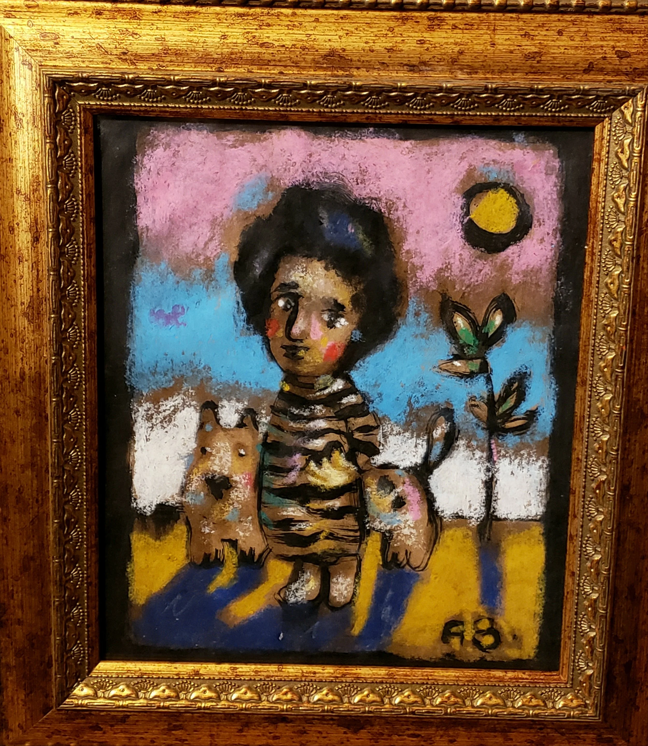 A colorful painting of a woman with a dark afro hairstyle, wearing a striped dress, standing outdoors at night with a bright moon, a butterfly plant, and a small dog in the background. The painting has a textured, expressive style.