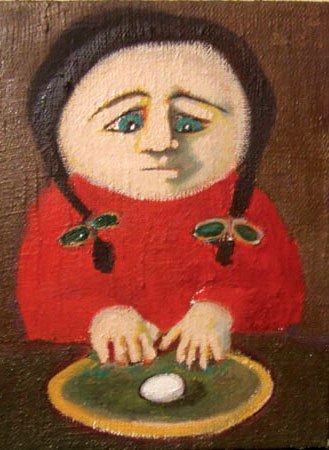 A painting of a girl with braids, wearing a red shirt, sitting at a table with a yellow placemat and a white object, possibly a piece of candy or a small food item.