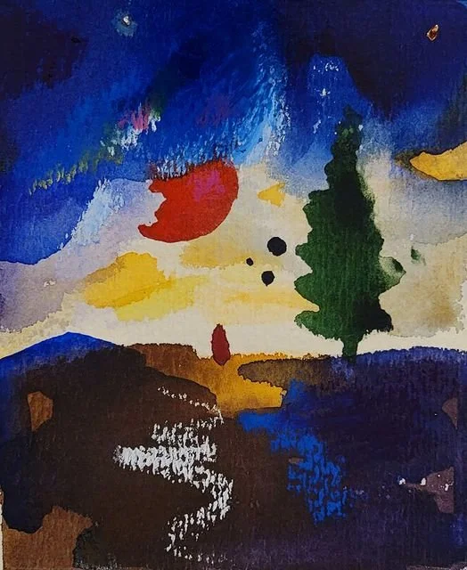 Abstract watercolor painting of a contemporary artist Anton Balanchivadze , landscape with a green tree, red and yellow shapes, and a blue sky.