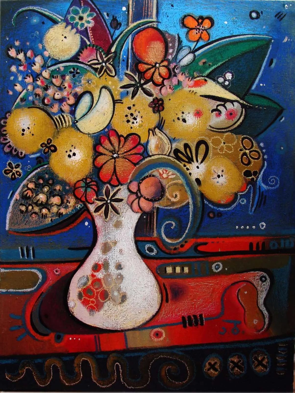 Colorful abstract painting of a bouquet of flowers and fruit in a vase with vibrant background.
