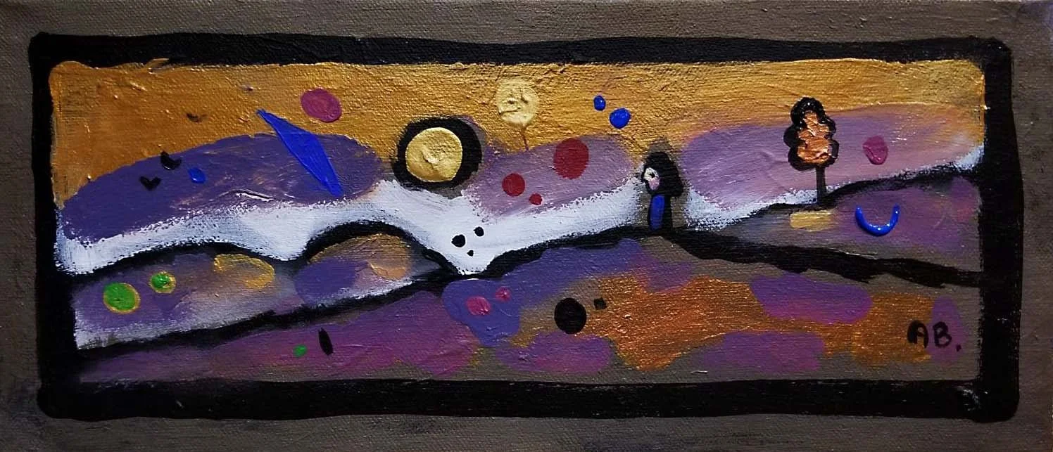 Abstract landscape painting with hills, trees, and celestial bodies in purple, orange, black, and gold colors.