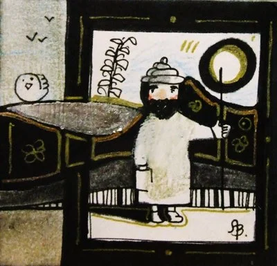 A cartoon illustration of a man with a beard and hat standing inside a framed window, with an outdoor scene including a snowman and birds in the background.