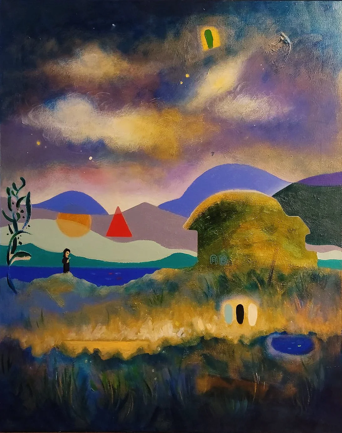Landscape. Builder- Anton Balanchivadze's Mixed Media on Canvas painting. 2026. Colorful abstract landscape painting featuring hills, a figure standing near a body of water, a tree on the left and house. From the series "Treveler Of The Peaks"