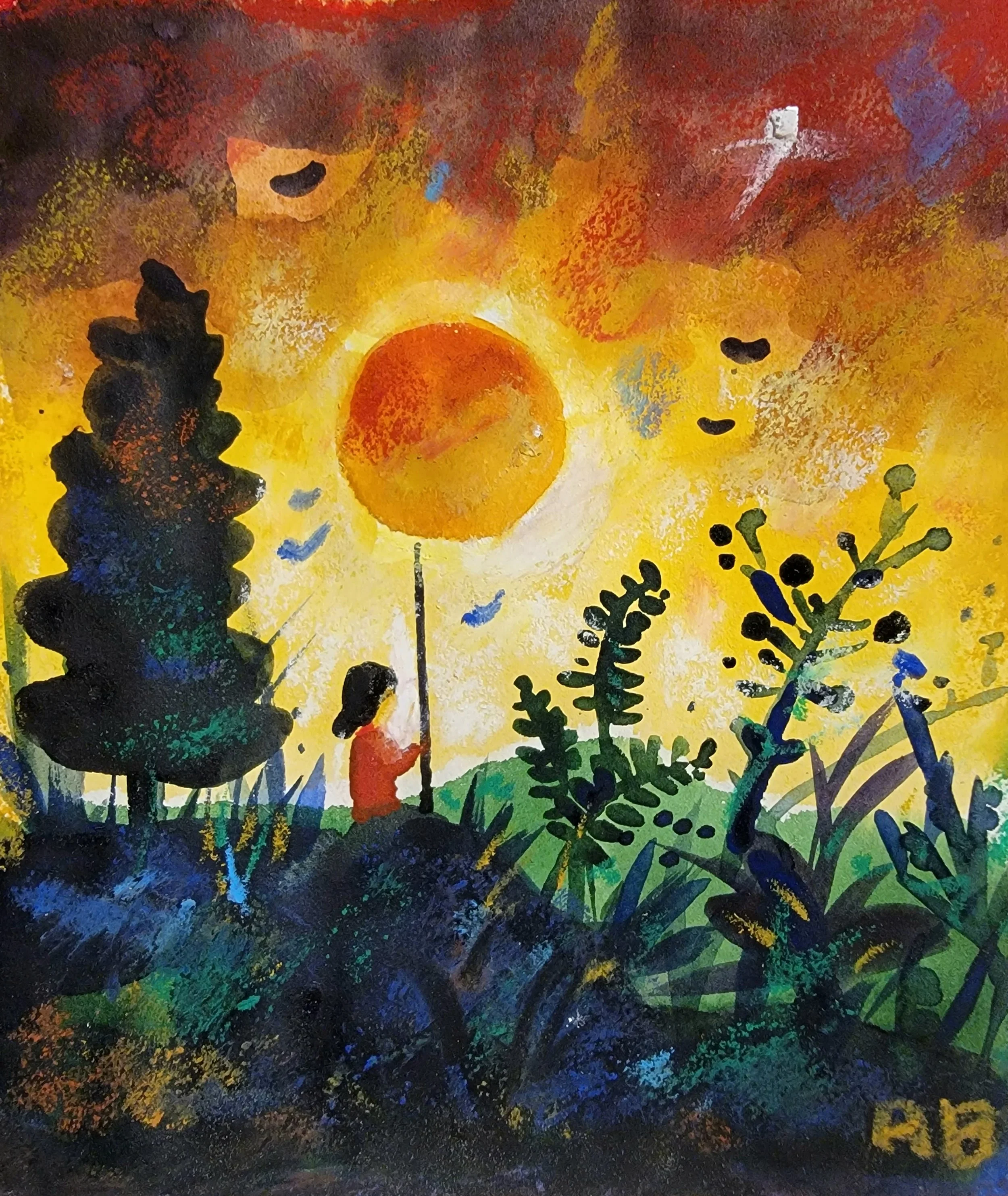A colorful painting of a person in a red shirt standing on grass, holding a stick with a large orange sun in the sky. There are trees, plants, and birds flying around, with a vibrant yellow, orange, and purple background.