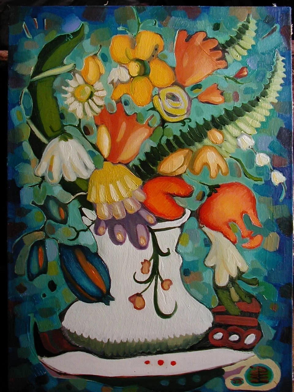 Colorful painting of a flower vase with various flowers and plants with bold, expressive brushstrokes.